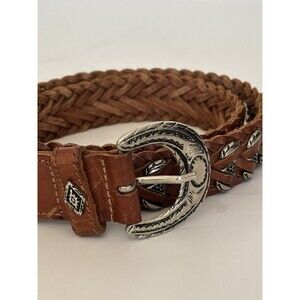 Vintage Brighton  Womens Belt Braided Woven Leather Metal Brown Silver 33" Long